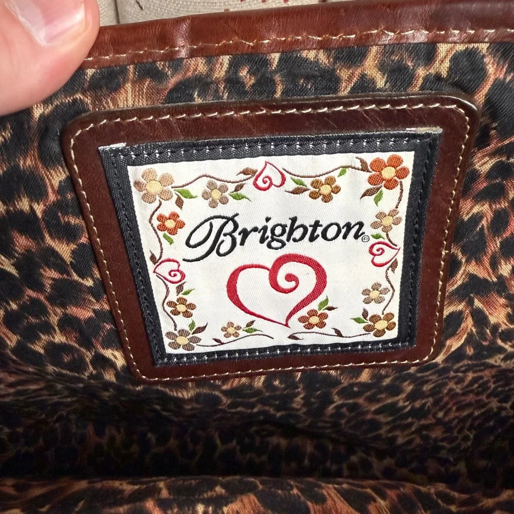 Brighton Straw Tote Bag Woven Heart Leather Trim Leopard Lining Brown Cream